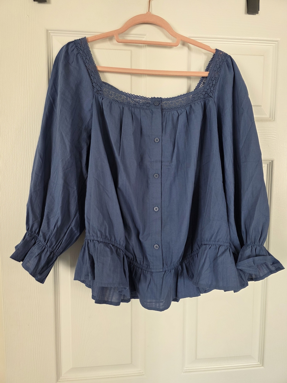 torrid Blue Lace-Trim Button Front Peasant Top